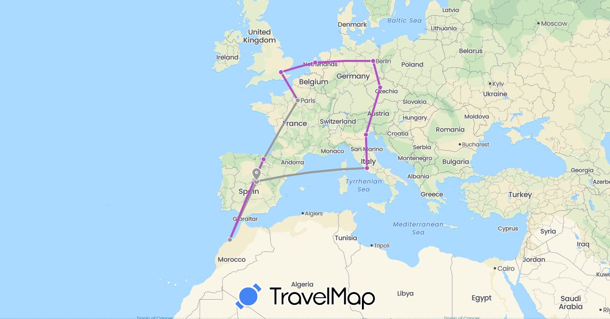 TravelMap itinerary: driving, plane, train in Czech Republic, Germany, Spain, France, United Kingdom, Italy, Morocco, Netherlands (Africa, Europe)